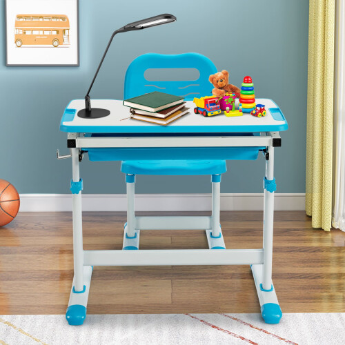 Casart Height Adjustable Kids Study Table and Chair Set with Tilting Tabletop-Blue 1