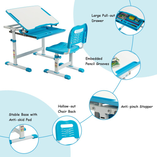 Casart Height Adjustable Kids Study Table and Chair Set with Tilting Tabletop-Blue 2