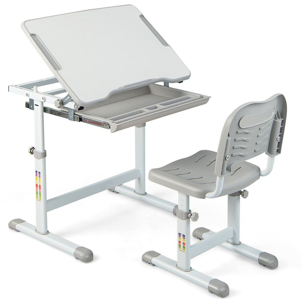 Casart Height Adjustable Kids Study Table And Chair Set With Tilting Tabletop- Grey