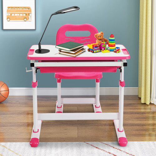 Casart Height Adjustable Kids Study Table and Chair Set with Tilting Tabletop-Pink 1