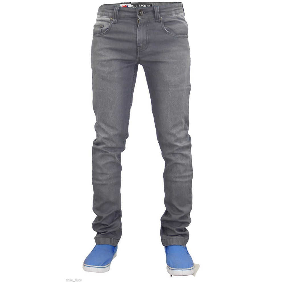 (Grey, 28W X 32L) Mens Slim Fit Denim Jeans Zip Fly Stretch Trousers