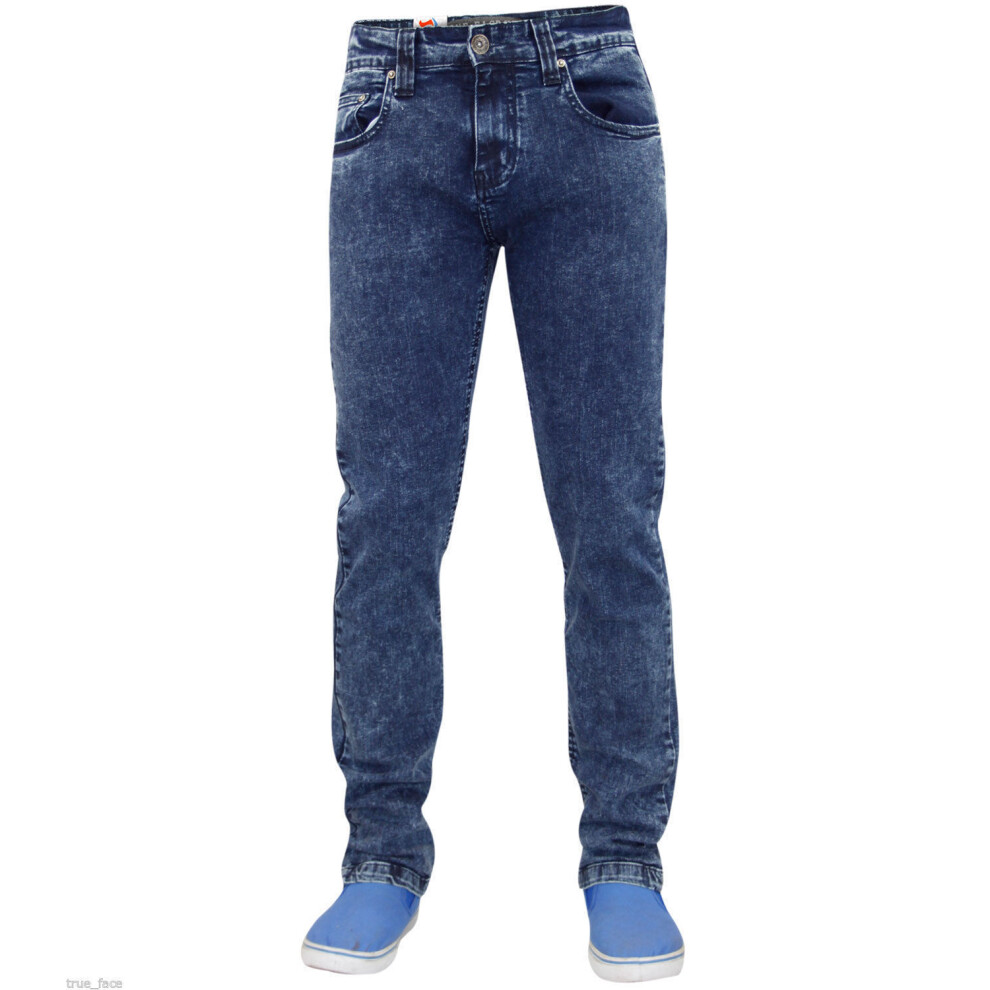 True Face (Stone Wash, 34W X 34L) Mens Slim Fit Denim Jeans Zip Fly Stretch Trousers Blue