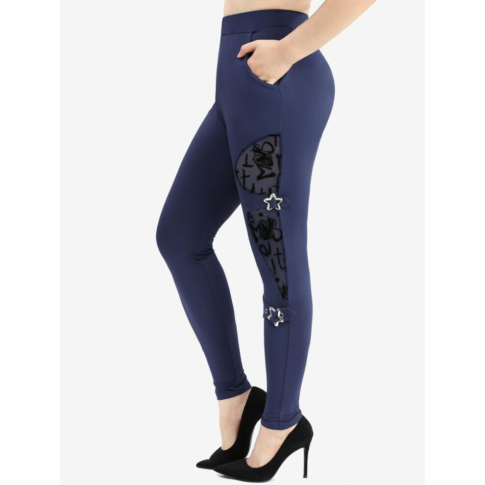 (deep,blue, XL) Rosegal Plus Size Letter Flocking Mesh Star Buckle Pocket Leggings