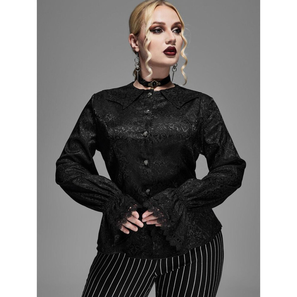 (black, 2XL) Rosegal Gothic Floral Embroidered Bat Wing Shape Collar Poet Sleeves Buttons Shirt