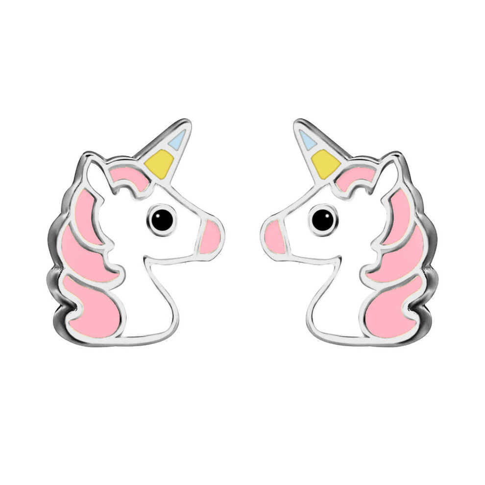 Jewelco London Sterling Silver Enamel Cute Cartoon Unicorn Stud Earrings 9mm - AES127