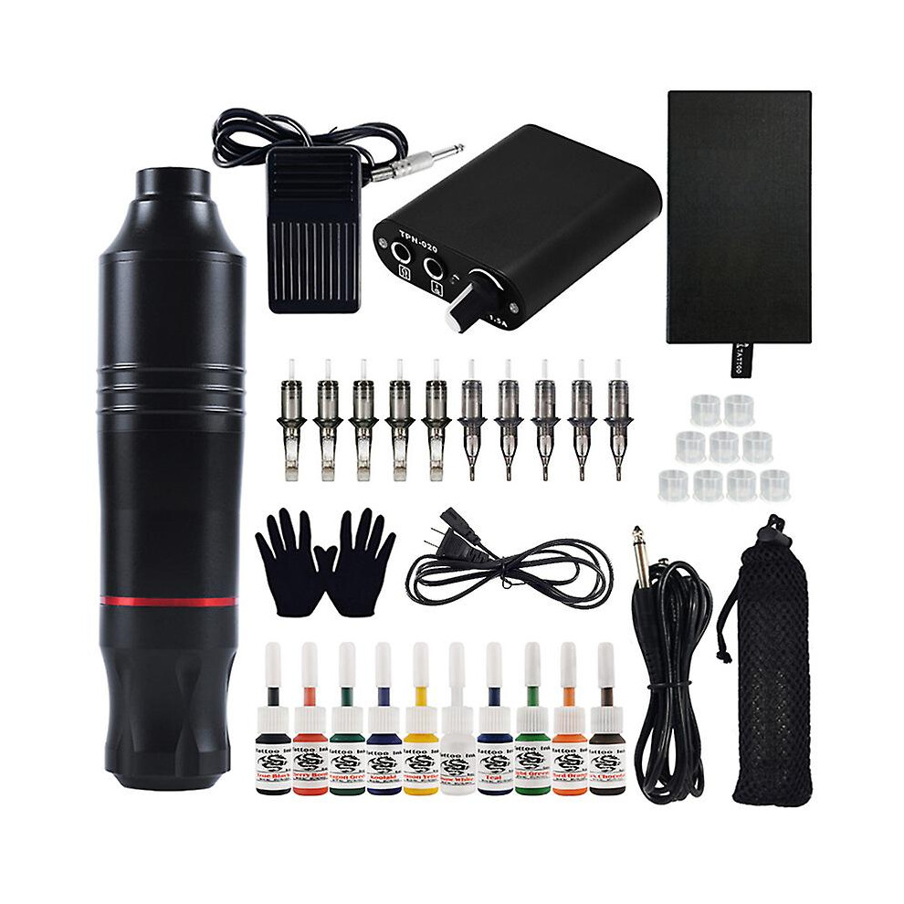 (US Plug) Professional Tattoo Kit Rotatable Tattoo Machine Pen With Power Supply Foot Pedal Cartridges Needles