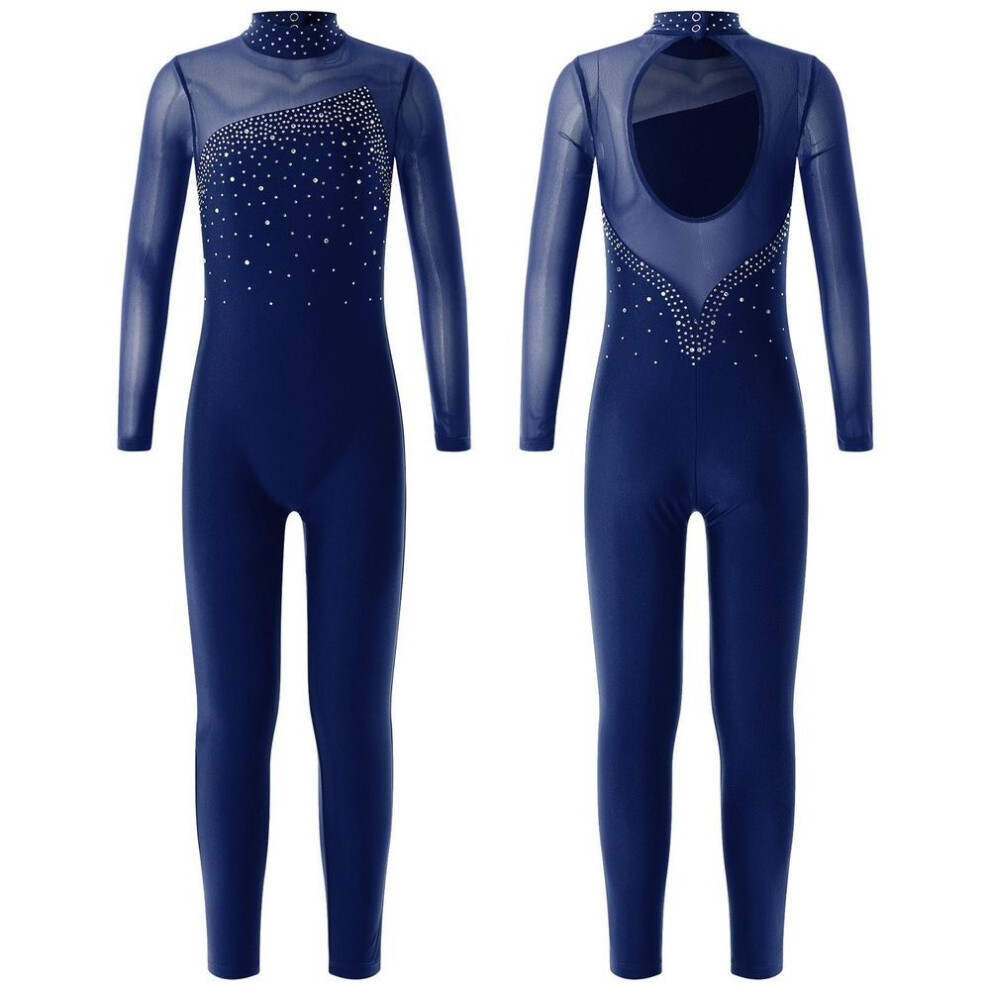 (navy blue, 15-16 Years) Kids Girls Gymnastics Leotard Workout Dance Jumpsuit Long Sleeve Rhinestone Decor Skating Bodysuit