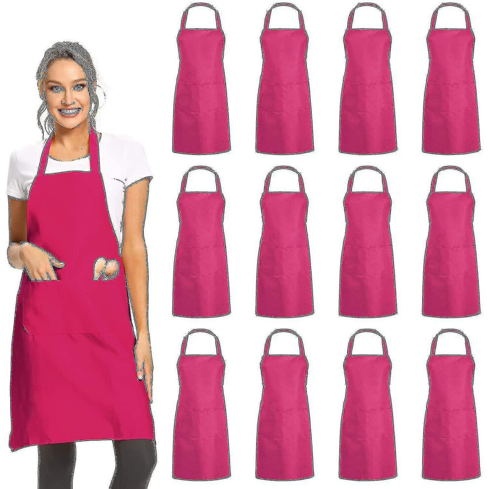 (Rose Red) 12 Pack Plain Bib Aprons With 2 Pockets - Black Unisex Commercial Apron Bulk