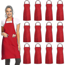 (Red) 12 Pack Plain Bib Aprons With 2 Pockets - Black Unisex Commercial Apron Bulk