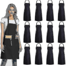 (Black) 12 Pack Plain Bib Aprons With 2 Pockets - Black Unisex Commercial Apron Bulk