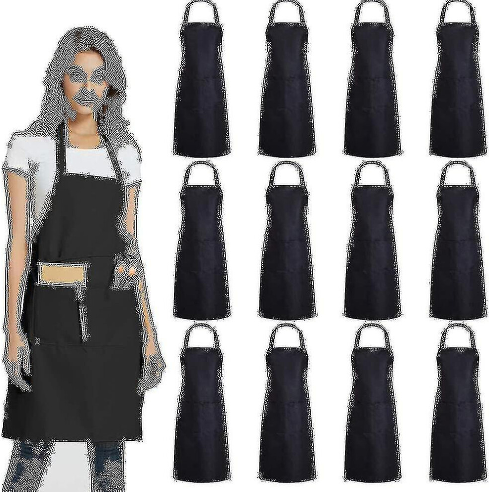 (Black) 12 Pack Plain Bib Aprons With 2 Pockets - Unisex Commercial Apron Bulk Black