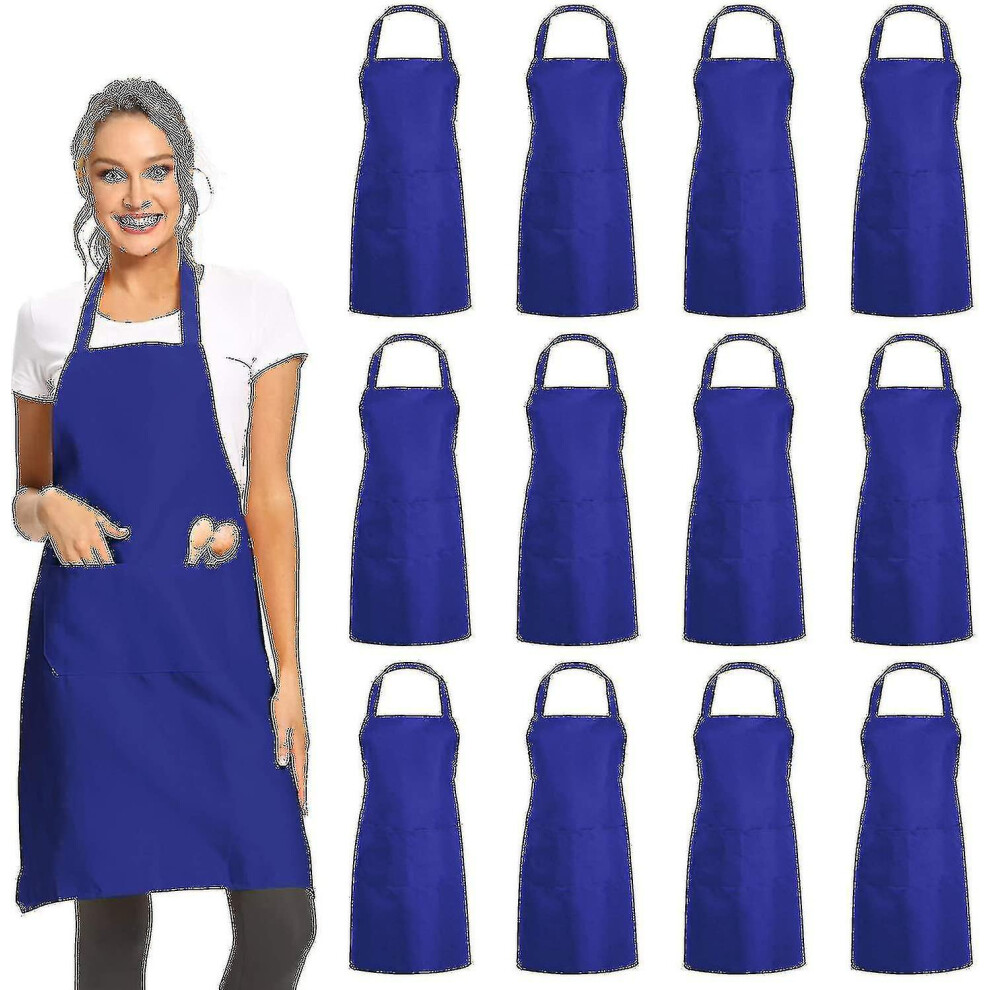 (Blue) 12 Pack Plain Bib Aprons With 2 Pockets - Black Unisex Commercial Apron Bulk Blue,Black