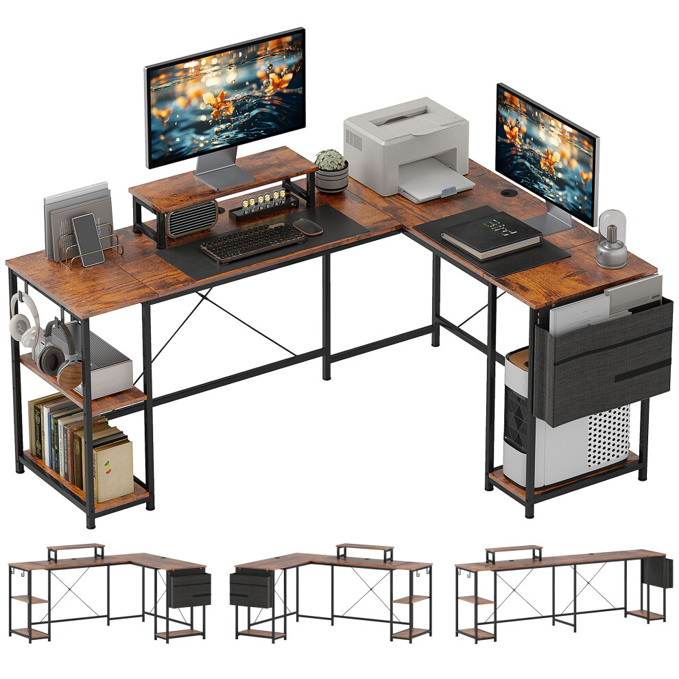 Homcom 168Cm Reversible L Shaped Desk, 240Cm Two Person Desk, Rustic Brown