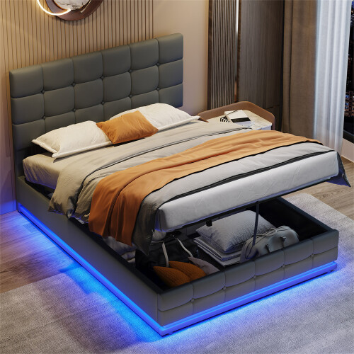 Ottoman 4ft6 Double Bed with LED Lighting, PU Leather, Grey