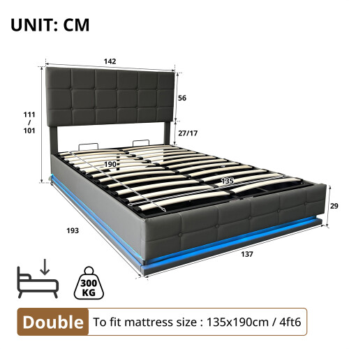 Ottoman 4ft6 Double Bed with LED Lighting, PU Leather, Grey 1