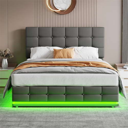 Ottoman 4ft6 Double Bed with LED Lighting, PU Leather, Grey 2