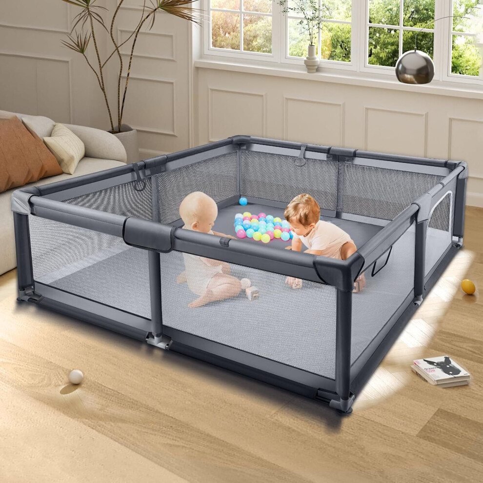 (Grey 127x127cm) Baby Playpen with Mesh Walls Ocean Balls