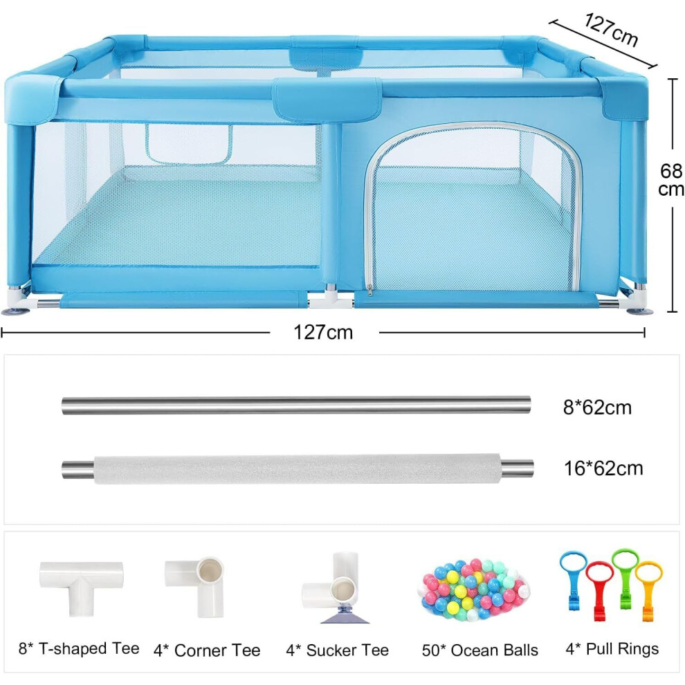 (Blue 127x127cm) Baby Playpen with Mesh Walls Ocean Balls