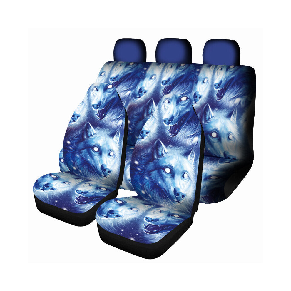 (7 Pcs) 1/7PCS Universal Car Seat Cover Wolf Blue & White Design Front Seat Full Protect