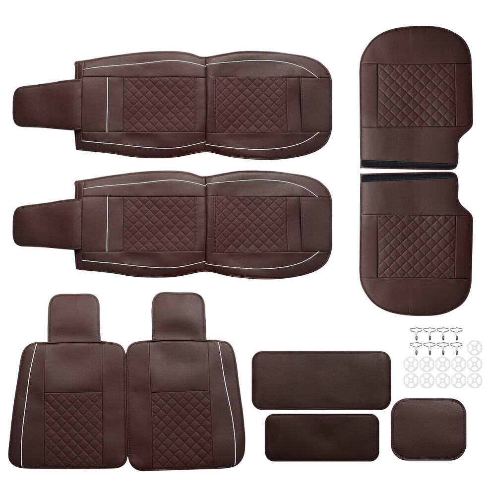 (1 Set - Brown) 1PC/5PCS Universal Front Car Seat Mat Cover Cushion Deluxe PU Leather Protector Pad