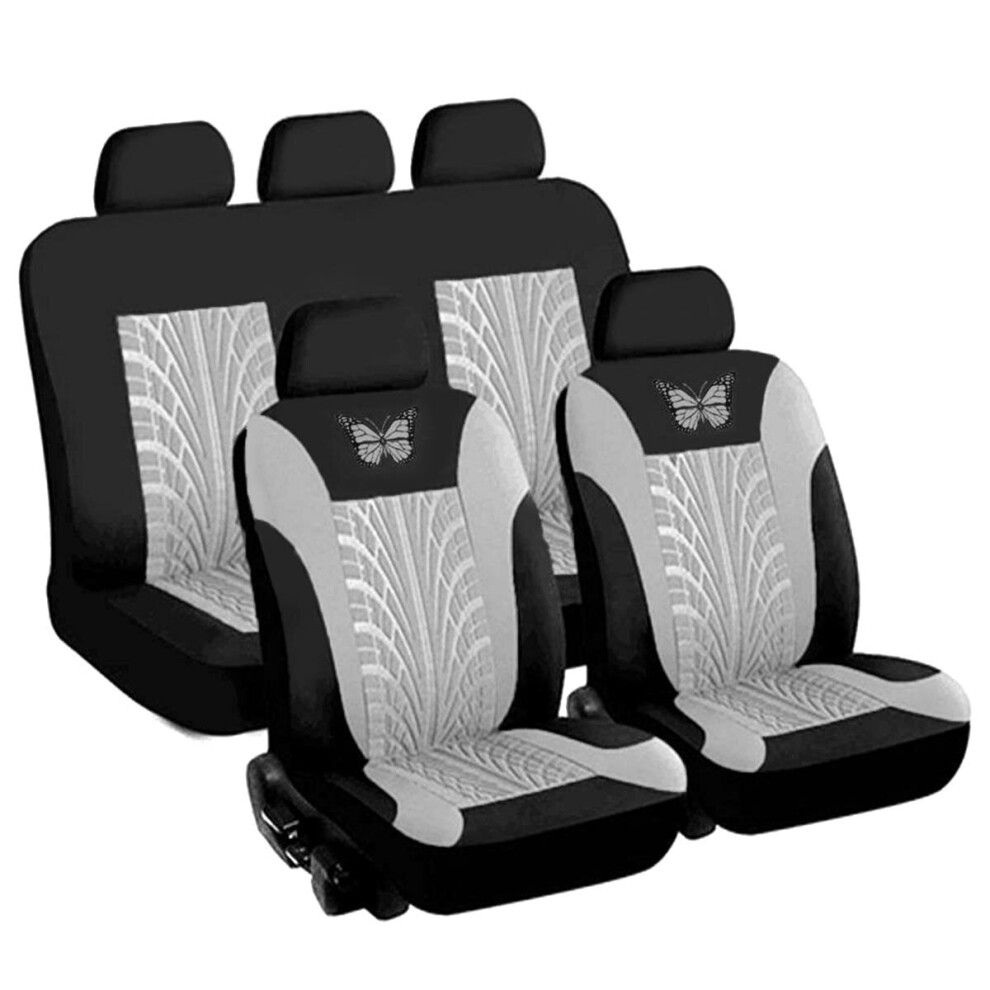 ( - 9 Pcs) Universal Car Seat Covers Protector Cushion Front Rear 3D Butterfly Pattern Gray 1138392339558
