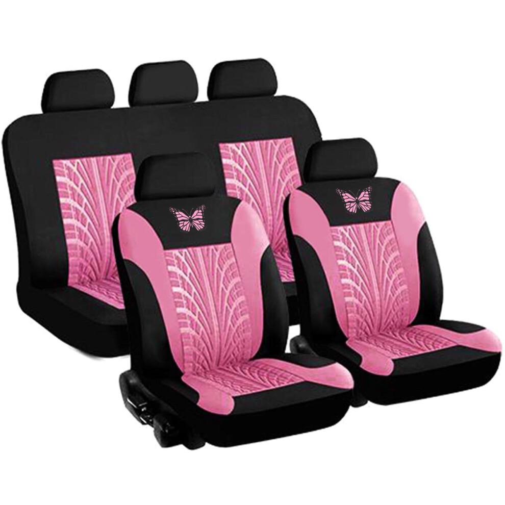 (Pink - 9 Pcs) Universal Car Seat Covers Protector Cushion Front Rear 3D Butterfly Pattern