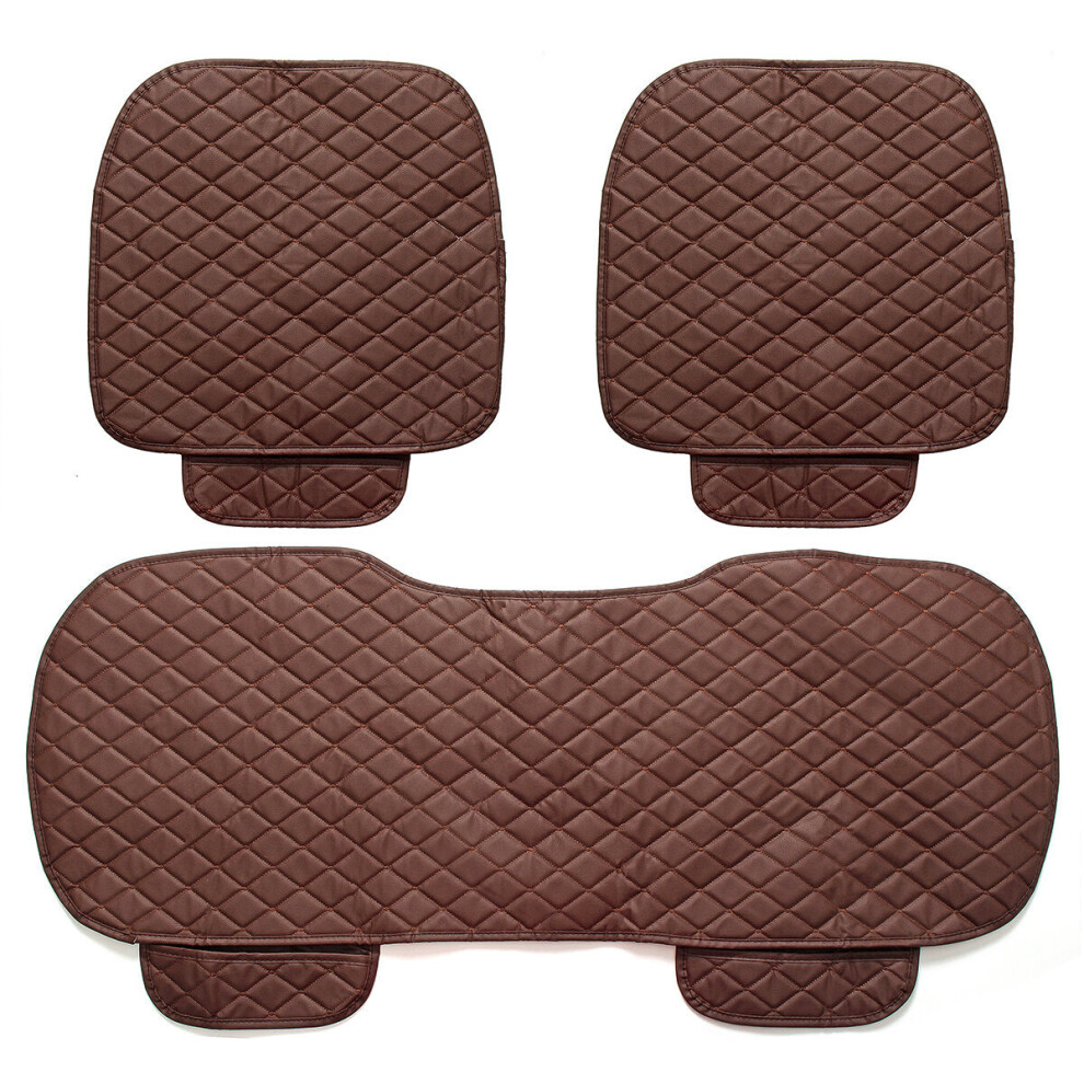 (Coffee) 3Pcs Car Seat Cover Universal PU Leather Protector Cushion Front Rear