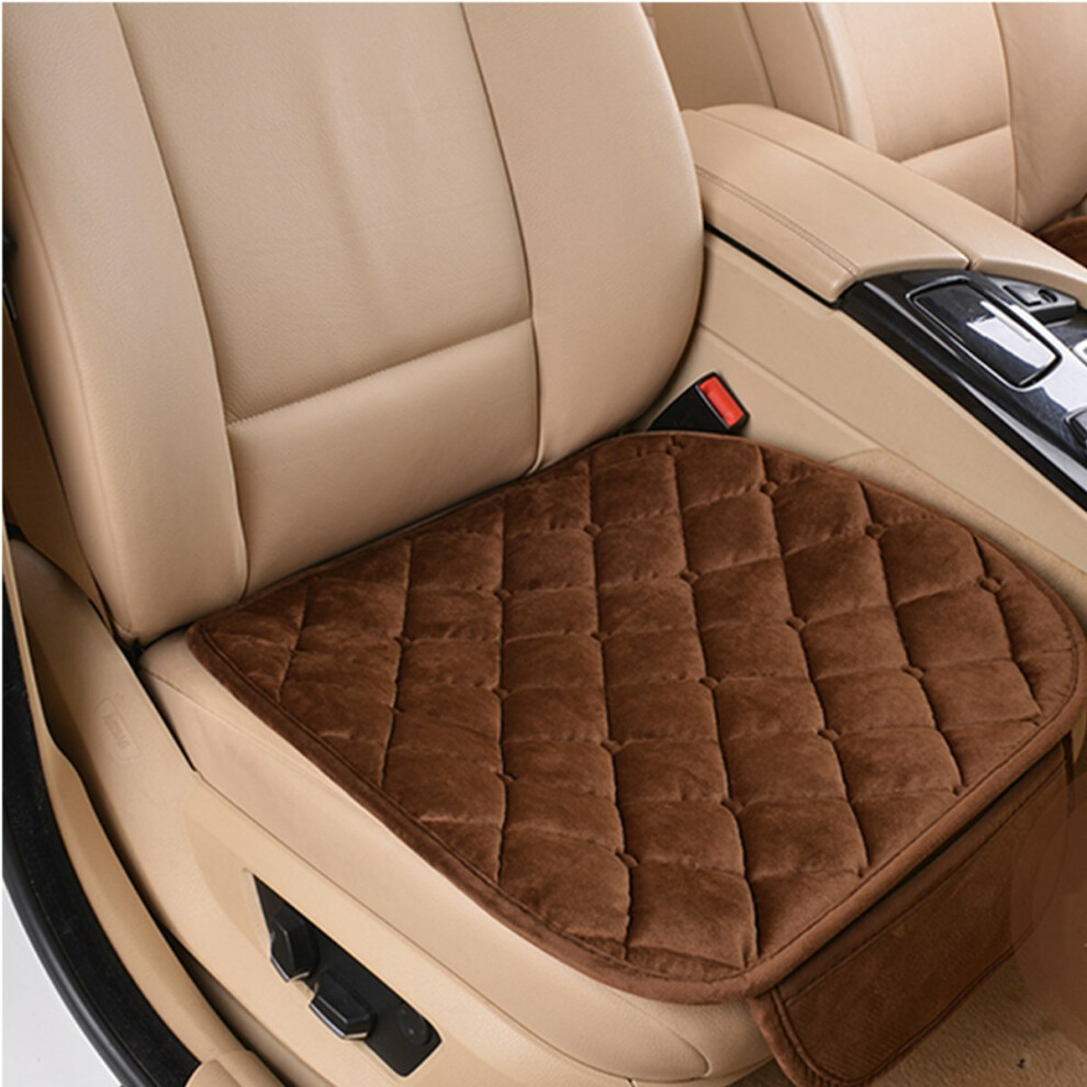 (Brown) Plush Car Front Seat Cushion Covers Breathable Chair Protector Seat Pad Mat For Four Season