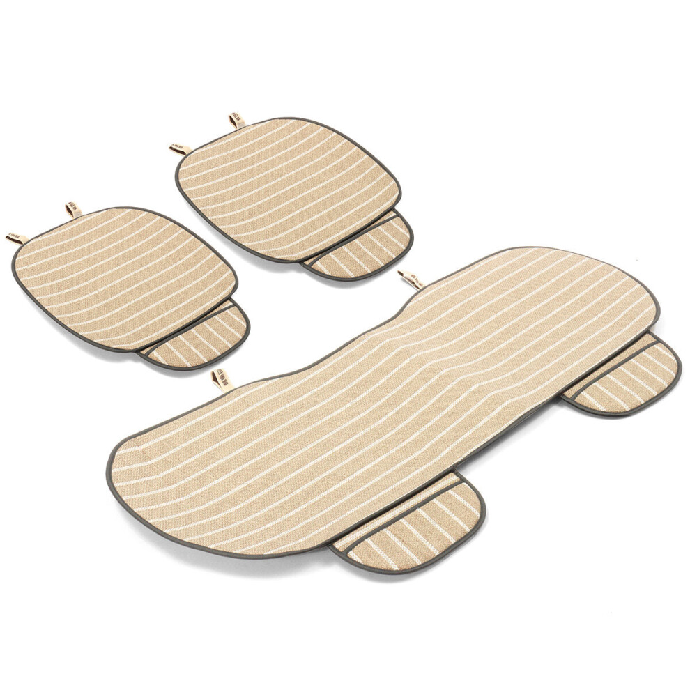 (Beige) 3Pcs Car Seat Cover 5 Seats Breathable Linen Fabric Pad Mat Auto Chair Cushion Beige 1138392355909