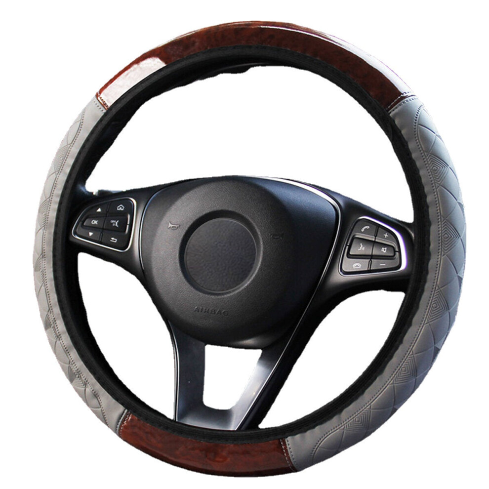 (Black) Wood Grain Leather Car Steering Wheel Cover Protective Cover Universal Non-slip