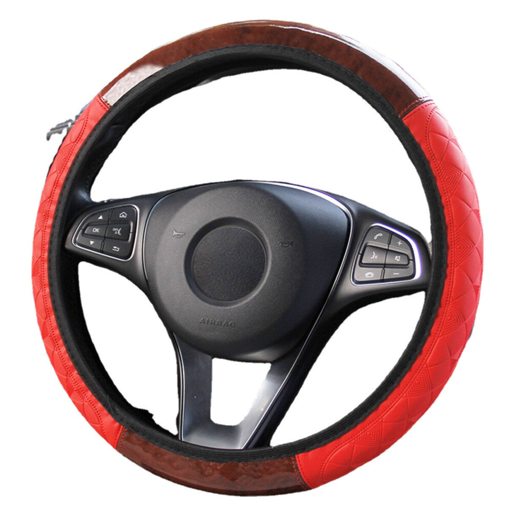 (Red) Wood Grain Leather Car Steering Wheel Cover Protective Cover Universal Non-slip