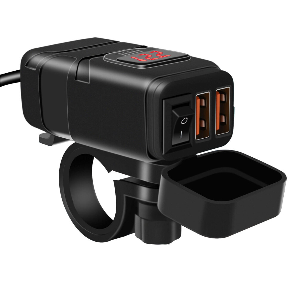 (Red) 12V/24V Qc3.0 Waterproof Motorcycle Dual Usb Charger Led Volt Meter Voltmetersocket Red 6093316937546