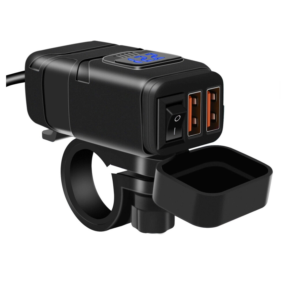 (Blue) 12V/24V Qc3.0 Waterproof Motorcycle Dual Usb Charger Led Volt Meter Voltmetersocket Blue 6093316937553