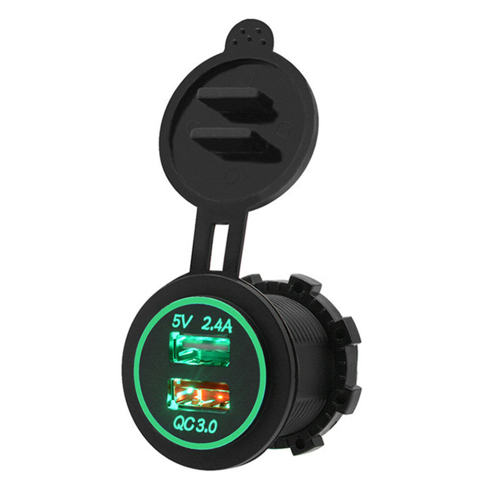 (Green) 5V 3.4A Motorcycle QC 3.0 Dual USB Waterproof IP66 Socket Charger Power Adapter