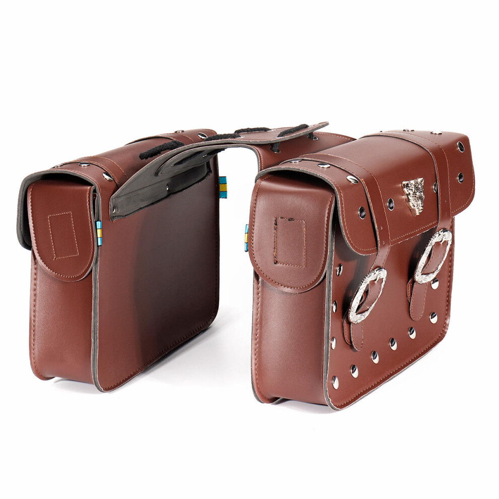 (Brown) Pair PU Leather Motorcycle Side Tool Bag Luggage Saddlebags Universal