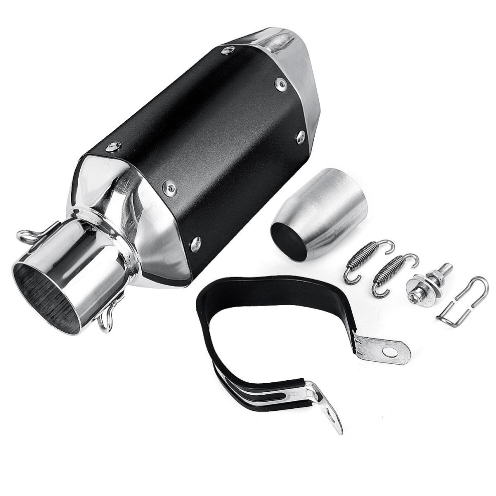 (Black+Chrome) Universal Motorcycle Short Steel Exhaust Pipe Muffler Silencer Removable 38-51mm