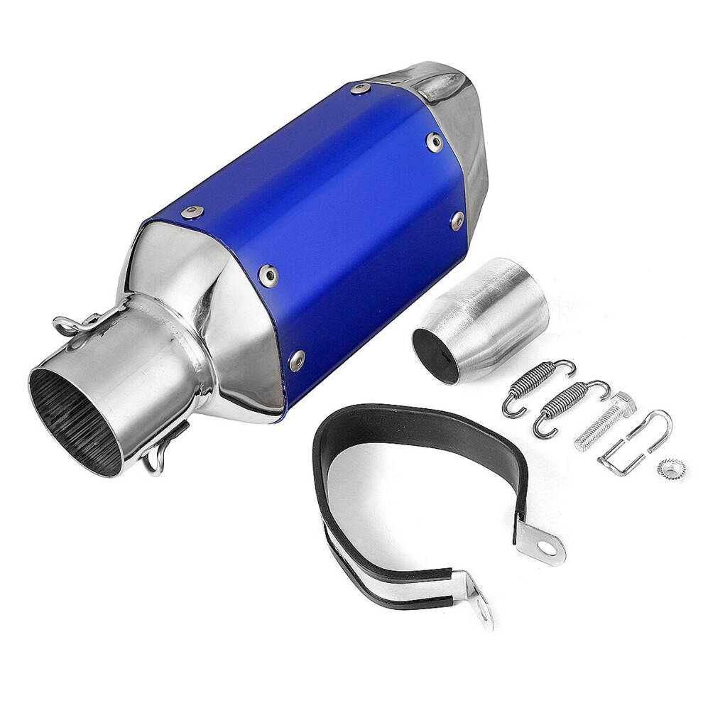 (Blue+Chrome) Universal Motorcycle Short Steel Exhaust Pipe Muffler Silencer Removable 38-51mm