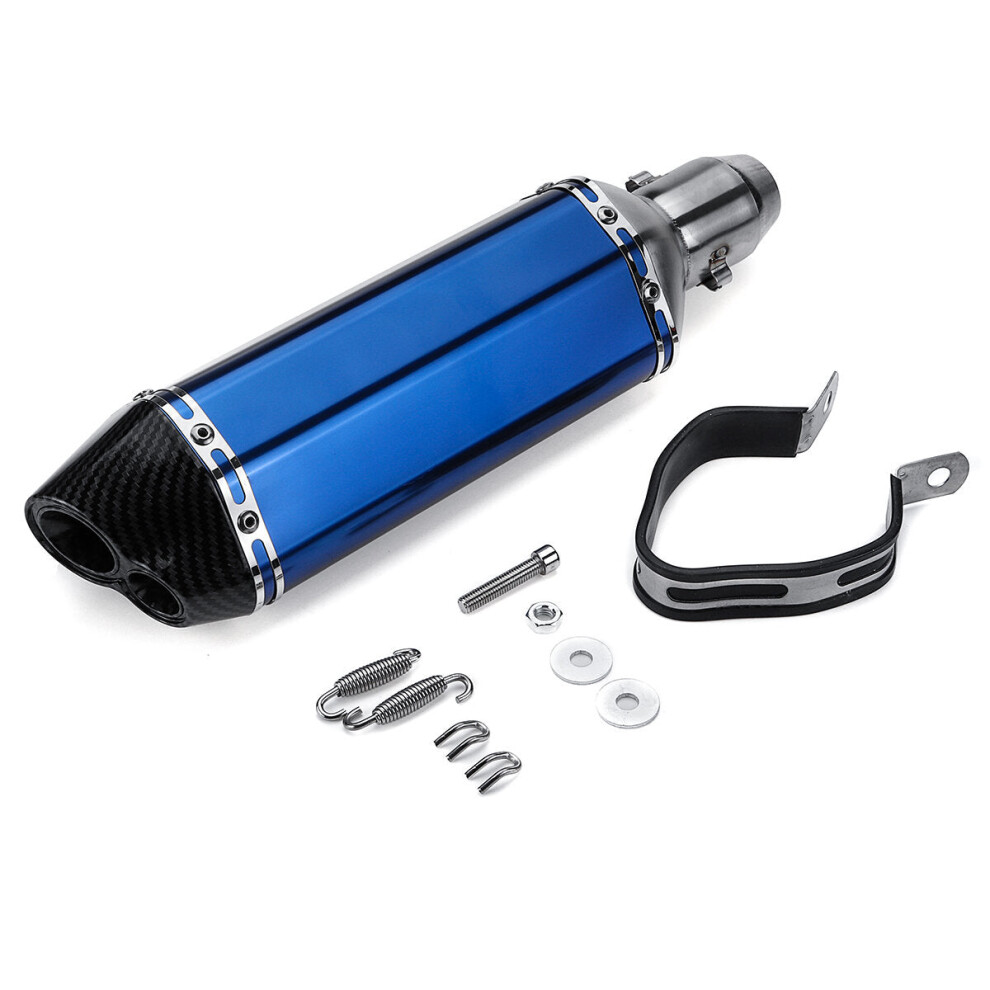 (Blue) 38-51mm Motorcycle Exhaust Carbon Stainless Muffler Pipe Double Air Outlet ATV