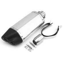 (Silver) 38-51mm Double Air Outlet Exhaust Muffler Pipe Motorcycle Carbon Stainless Steel