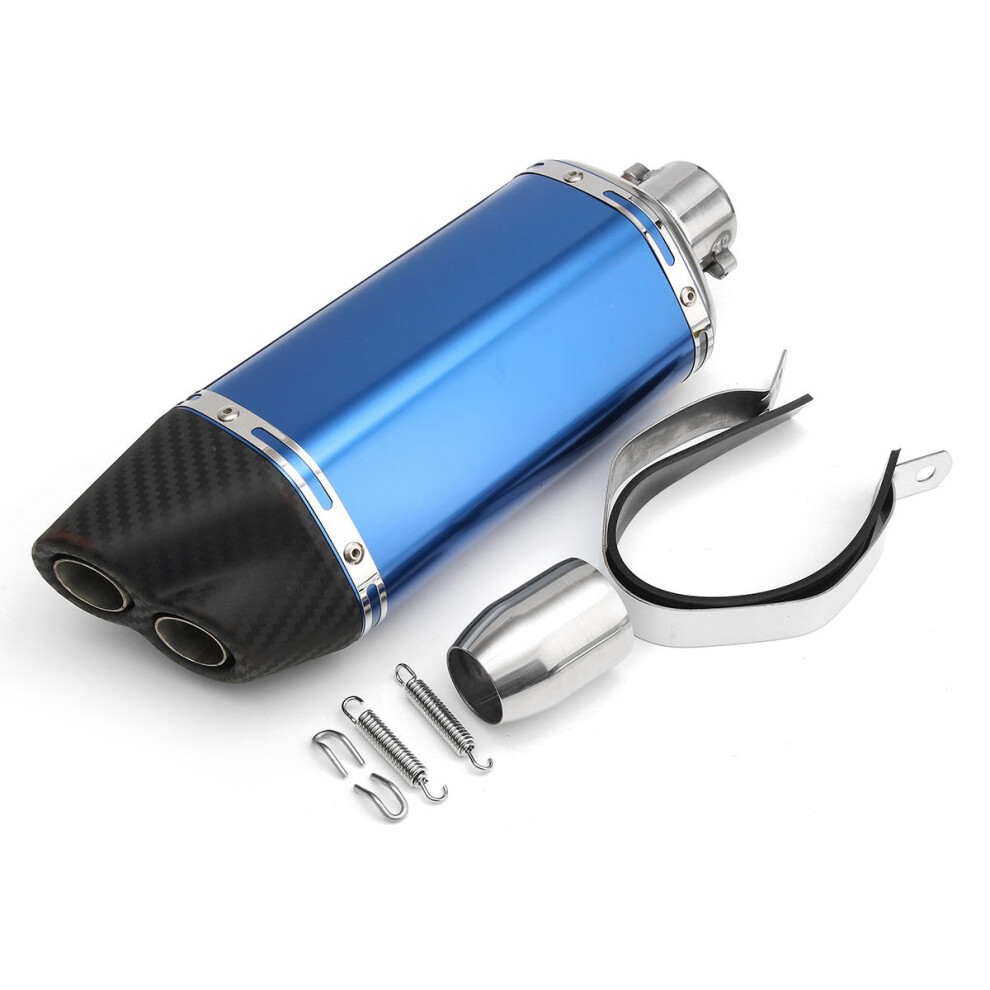 (Blue) 38-51mm Double Air Outlet Exhaust Muffler Pipe Motorcycle Carbon Stainless Steel