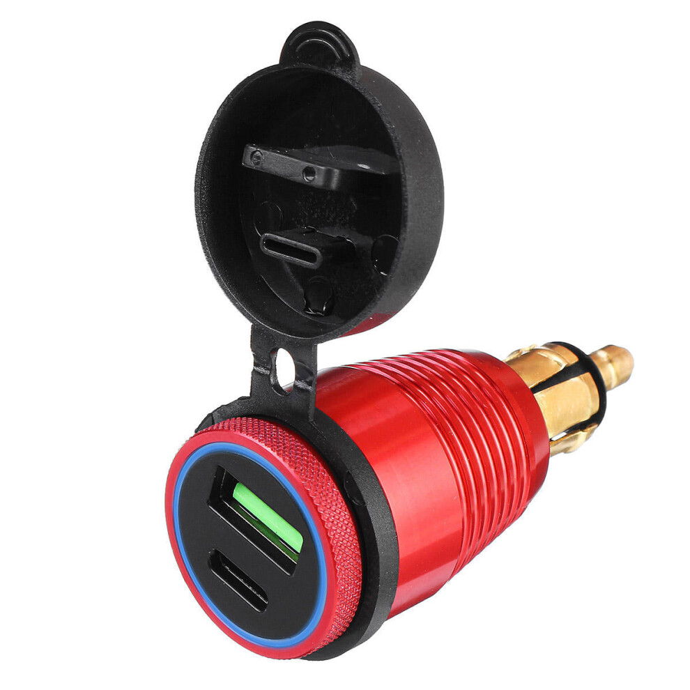 (Red) Type-C USB Car Charger Waterproof General Quick USB Charger Socket Charger Blue Light