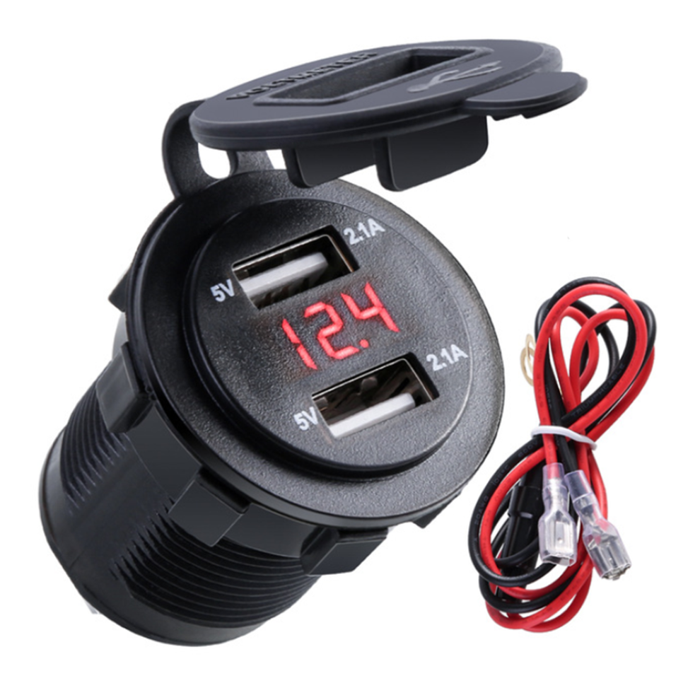 (Red) 12V-24V 3.1A Dual USB Charger Socket Adapter Voltage Voltmeter for Motorcycle Car Boat Marine