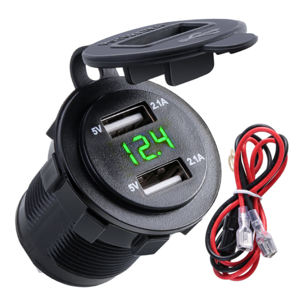 (Green) 4.2A Waterproof Car 2 Port Dual USB Charger Socket Power Outlet with Voltmeter LED Light for 12-24V Car Boat Marine ATV Motorcycle