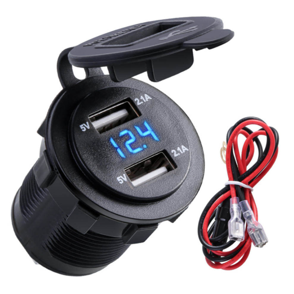 (Blue) 4.2A Waterproof Car 2 Port Dual USB Charger Socket Power Outlet With Voltmeter LED Light For 12-24V Car Boat Marine ATV Motorcycle