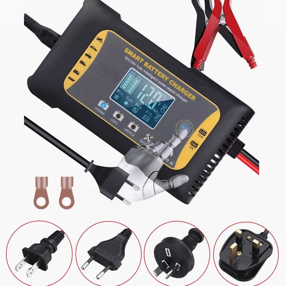 (EU Plug) 12V/24V 10A/5A 7-Stage Touch Screen Pulse Repair LCD Battery Charger For Lithium LiFePO4 Lead-Acid AGM GEL