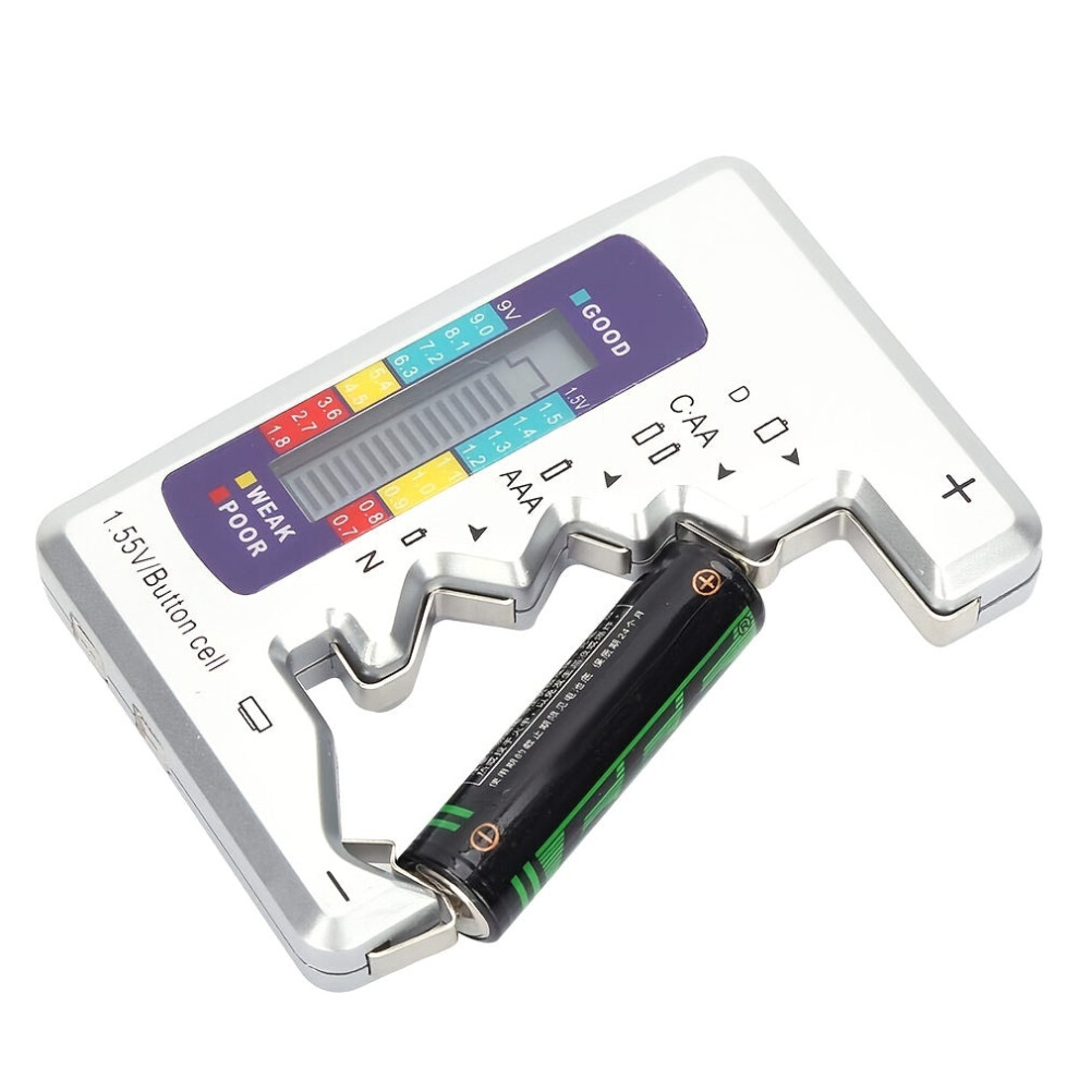 (Silver) Battery Tester Digital LCD Display 9V 1.5V Capacitance Diagnostic Tool