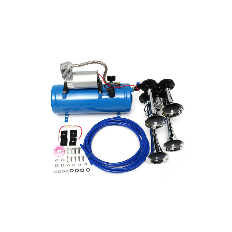 12V/24V 120 Psi 4 Air Train Chrome Horn Trumpet Vehicle Compressor Tubing Blue 4250937593564