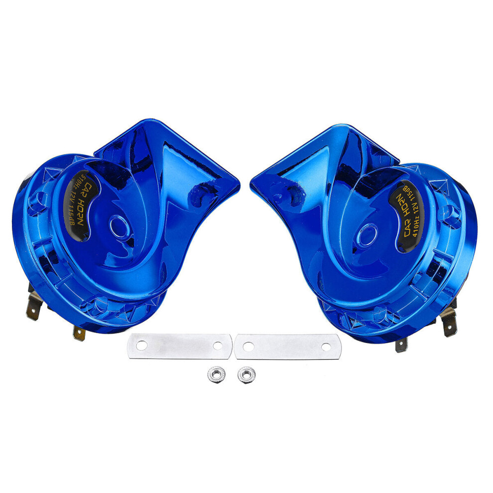 (Blue) Pair 12V 115Db Super Loud Car Motorcycle Dual Tone Electric Snail Horn Universal Blue 6093316933081