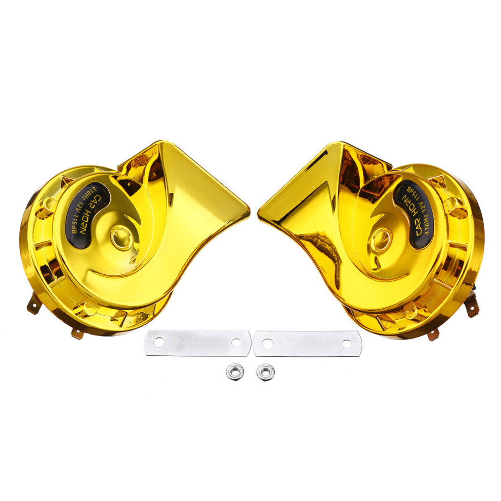 (Gold) Pair 12V 115Db Super Loud Car Motorcycle Dual Tone Electric Snail Horn Universal Gold 6093316933104