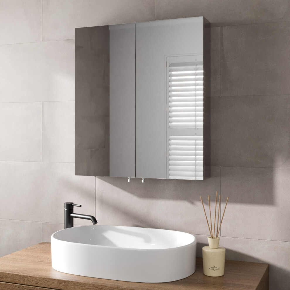 (600 x 670mm) Bathroom Mirror Cabinet Storage Wall Mounted Cupboard Ready Assembled Unit Double Mirrored Door, Stainless Steel
